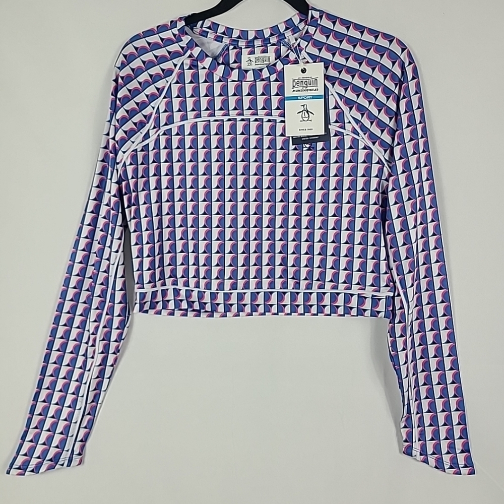 Penguin by Munsingwear Womens Long Sleev Crop Top Geometric White Blue Pink Sz L